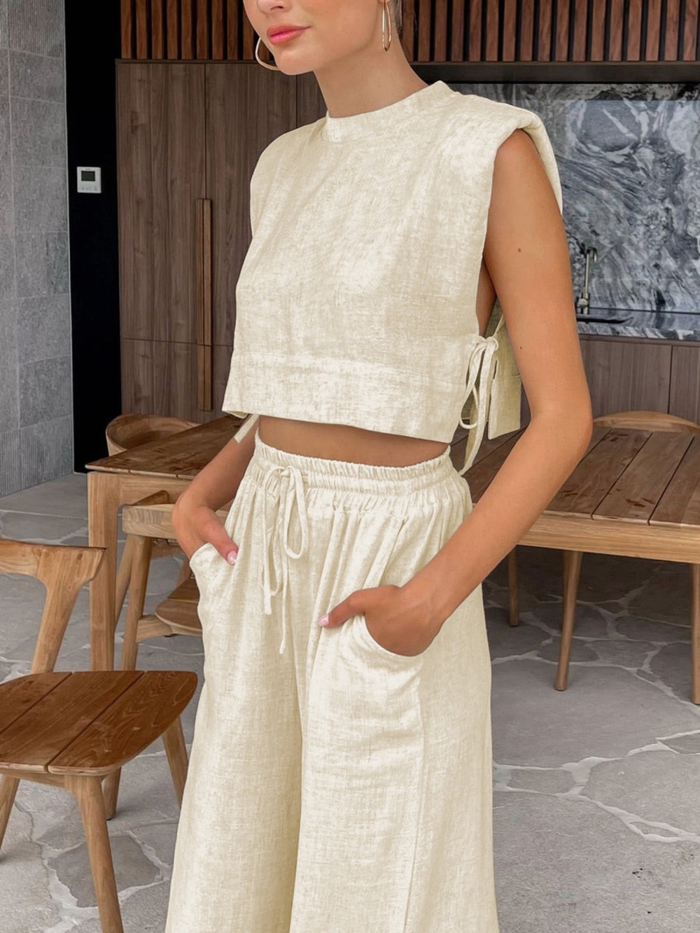 Linen Two Piece Wide Leg Pants Set - Picture 2 of 8